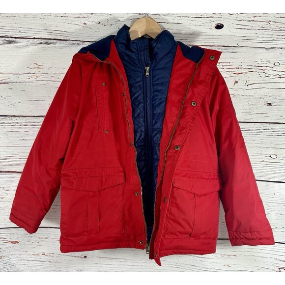 Chaps Boys Hooded Winter Jacket Medium 10/12 Red Blue Pockets Warm Zipper READ - Picture 5 of 14